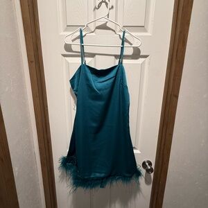 THIRTY Teal Satin Chemise Feather Trim Cowl Neck Sleeveless Women's Size M